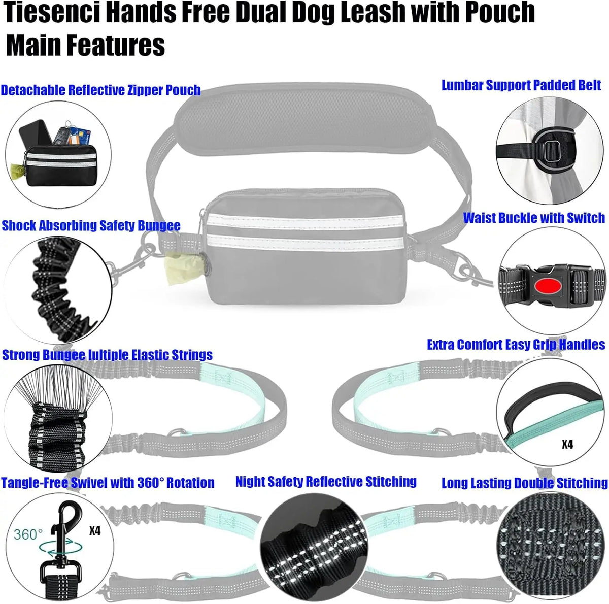 double laisse pour chien ventrale avec rangement